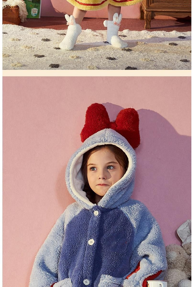 Disney Snow White Kids Hooded Robe Winter Princess Child Thick Keep Warm Long Nightgown Front Button Coral Fleece Soft Bathrobe