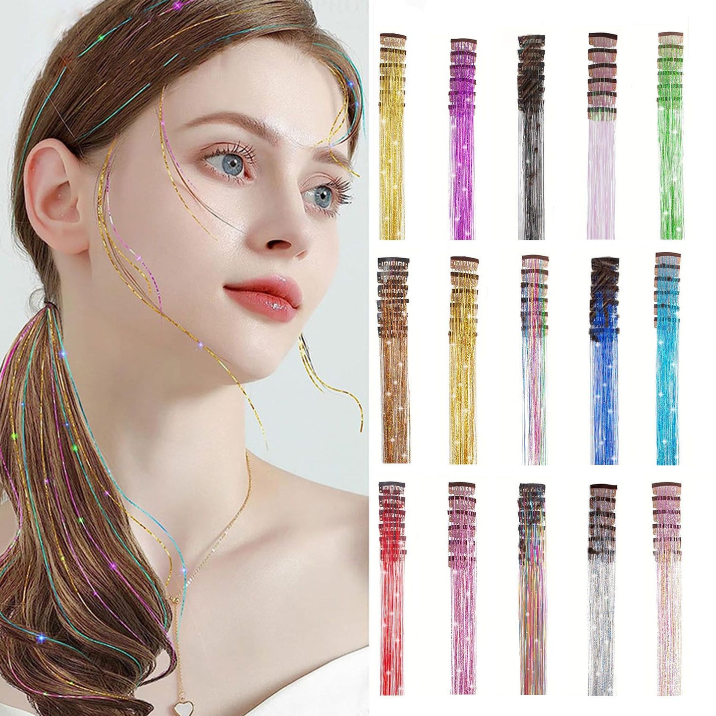 Apliques de cabelo coloridos de seda brilhante sem costura, grampo com glitter dourado de seda, faixas de cor de fio de laser deslumbrante, perucas sintéticas