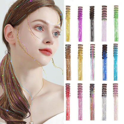 Apliques de cabelo coloridos de seda brilhante sem costura, grampo com glitter dourado de seda, faixas de cor de fio de laser deslumbrante, perucas sintéticas