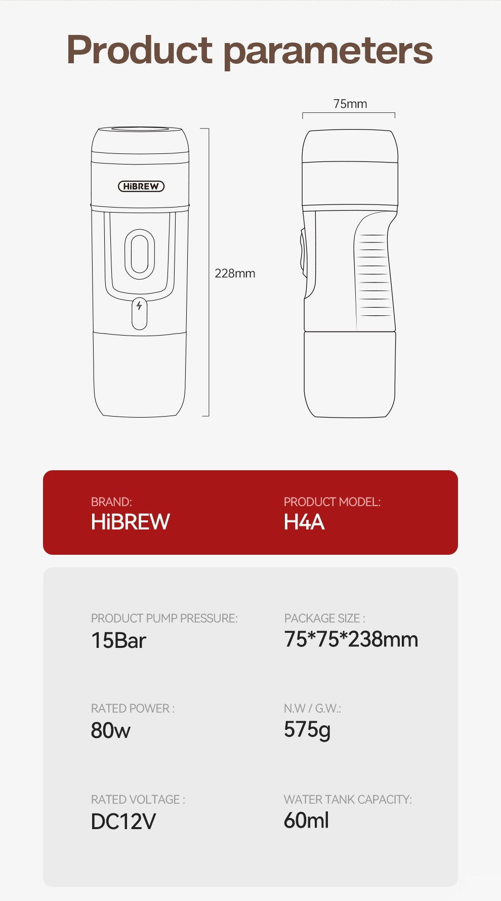 HiBREW Máquina de Café Portátil para Carro e Casa, DC12V Cafeteira Expresso Compatível com Cápsula Nespresso Dolce Pó de Café H4A