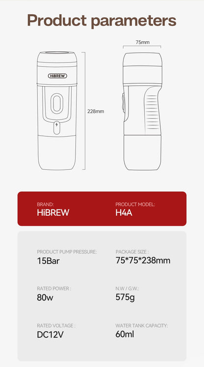 HiBREW Máquina de Café Portátil para Carro e Casa, DC12V Cafeteira Expresso Compatível com Cápsula Nespresso Dolce Pó de Café H4A