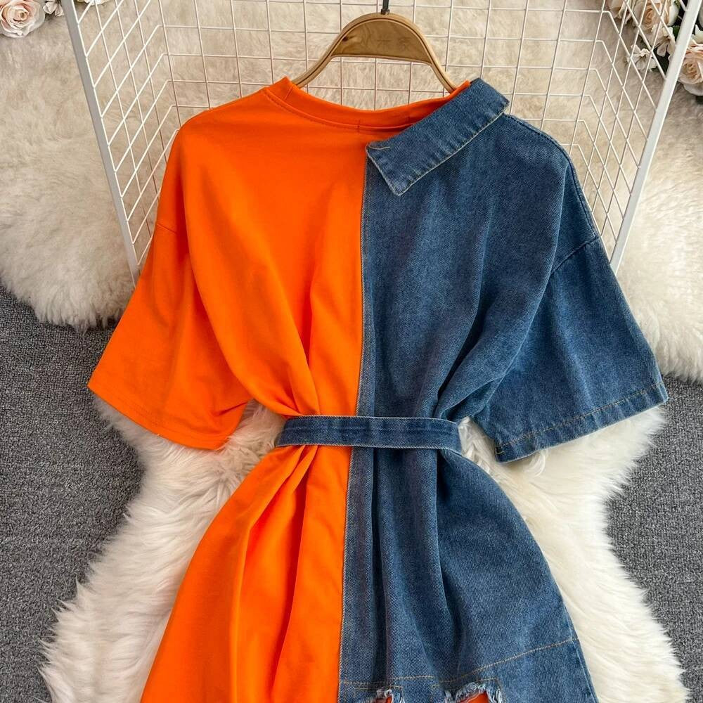 XFPV Women's Sweet high Waist Wrap Belt Round Neck patchwork Denim Shirt  Chic Top Y2k Korean Fashion Spring Summer 2025 SM11327