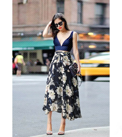Plus Size Print Floral Skirt Women 2024 Summer Loose Elastic High Waist Chiffon Midi Skirts Lace Up Bow L-5XL Swing Jupe Femme