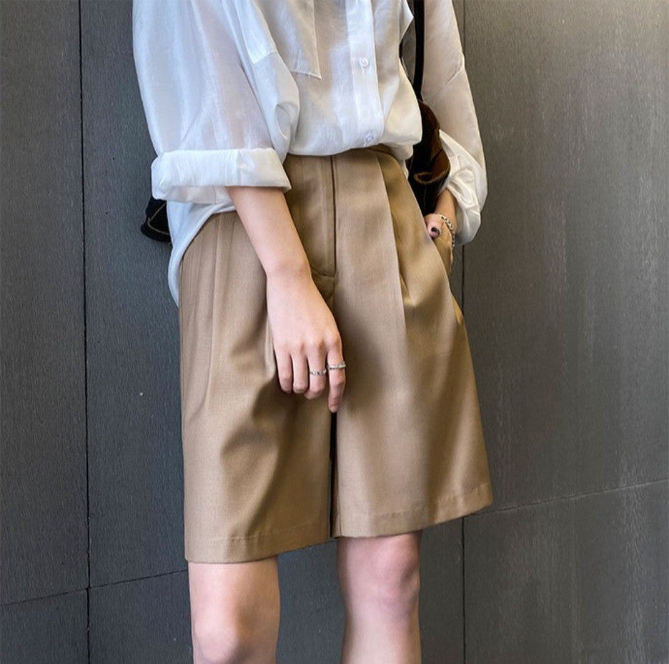 High Waist Wide Leg Suit Shorts for Women Spring Summer Button Straight Short Pants Office Lady Fashion Casual Womens Shorts