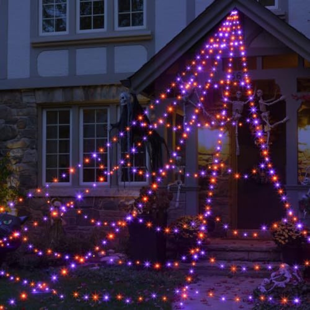 8 Modes Halloween Spider Web Lights Glow Waterproof LED Spider Net Triangle Hanging Scary Giant Spider Party