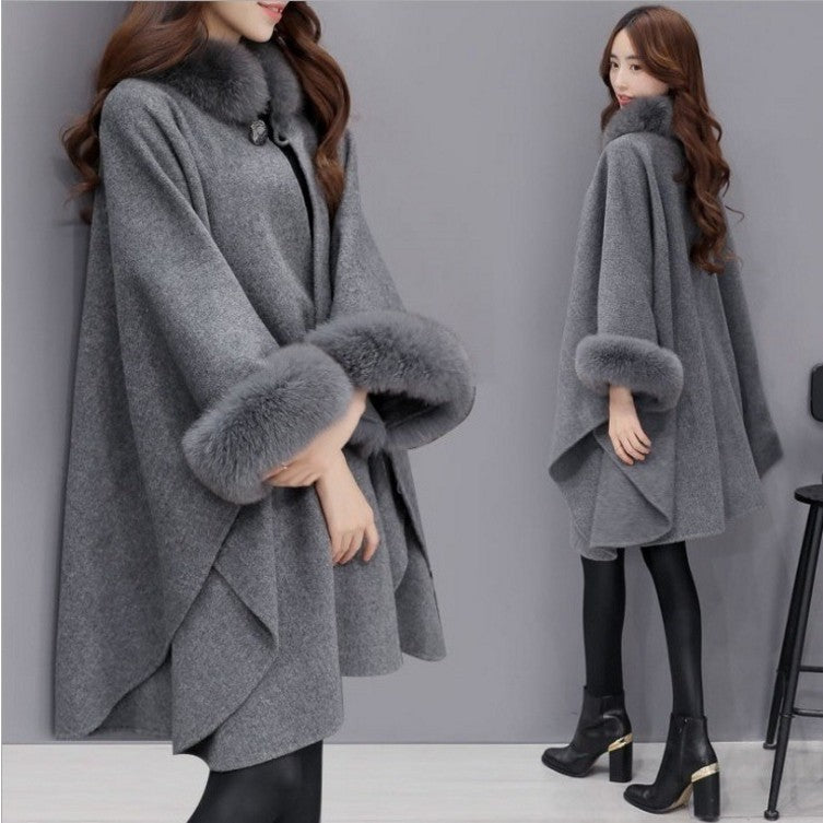 Women Wool Mid Length Coats Jackets Blends Fur Collar Cloak Coat Y2k Streetwear Jacket Work Outerwear Autumn Winter 2025