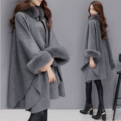 Women Wool Mid Length Coats Jackets Blends Fur Collar Cloak Coat Y2k Streetwear Jacket Work Outerwear Autumn Winter 2025