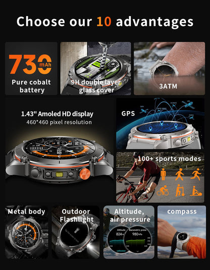 Novo T-Rex 3 GPS Smart Watch AMOLED de 1,43" à prova d'água 10ATM GNSS de banda dupla integrado Bússola Militar Esportivo Smartwatch Pulseira Masculina