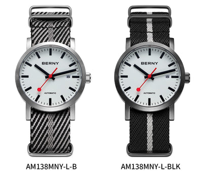 BERNY Automatic Watch Men 40mm Luminous Railway Time Dial MIYOTA 8215 Nylon Strap Sapphire 50M Waterproof Men's Mechanical Watch