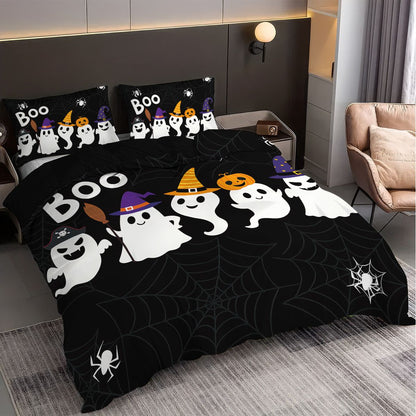 3 capas de edredom fofas de fantasma de Halloween, 1 capa de edredom + 2 fronhas, sem enchimento. Conjunto de cama macio e confortável, lavável à máquina