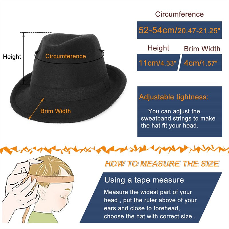 Vintage Kids Rolled Brim Trilby Hat for Boys Girls Child Fedora Hat Autumn Winter Felt Jazz Cap