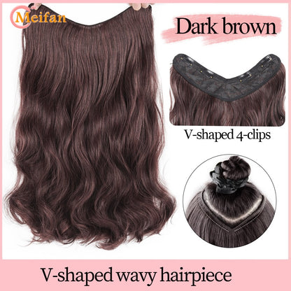 ?Extensões com Presilha em V Cabelo Sintético Ondulado com 4 Presilhas Castanho Preto Extensões de Uma Peça para Mulheres Uso Diário