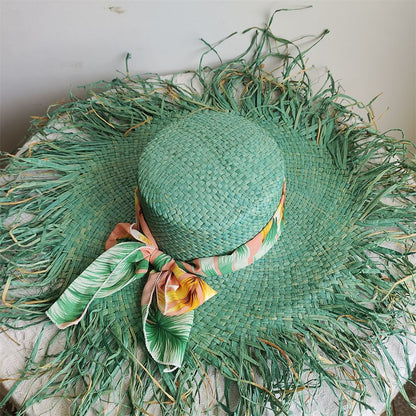 Straw hat women summer Large eaves beach vacation photo sunscreen straw hat personality European style foldable beach hat