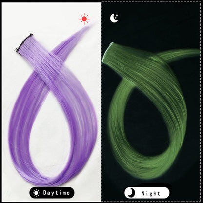 Extensões de Cabelo que Brilham no Escuro de 20 Polegadas com Presilha, Apliques Luminosos Coloridos para Festa, Presilhas de Cabelo Arco-Íris, Peruca Sintética Lisa