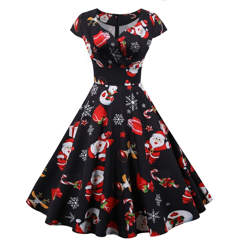 Fashion V-neck Short Sleeve Printed Christmas Dress Large Swing Vintage Elegant Xmas Party Dress