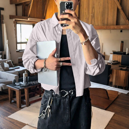 INCERUN Men Shirt Striped Lapel Long Sleeve Loose Casual Men Clothing Streetwear 2025 Korean Style Fashion Crop Tops Men