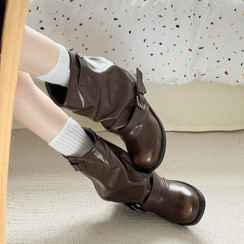 Vintage Thick Heel Women Western Cowboy Boots Fashion Belt Buckle Slip On Shoes Ladies Pleated Short Booties Autumn Winter