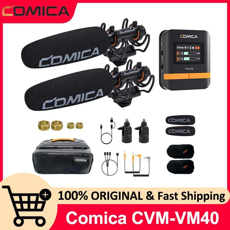 Comica VM40 2.4G Super Cardioid Microfone Shotgun Sem Fio de Canal Duplo, Modos duplo com e sem fio, para Câmera/Smartphone/PC
