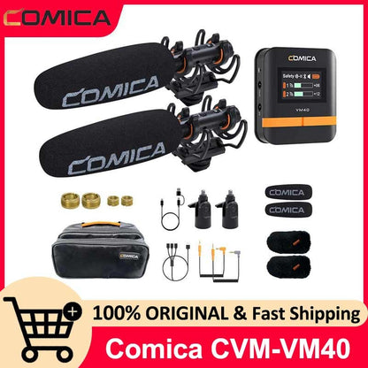 Comica VM40 2.4G Super Cardioid Microfone Shotgun Sem Fio de Canal Duplo, Modos duplo com e sem fio, para Câmera/Smartphone/PC
