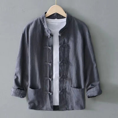 XXXXXL Plus Size Men Cotton Linen Shier Autumn Spring Men Collarless Long Sleeve Frog Button Loose Blouse Tops Oversized M-5XL