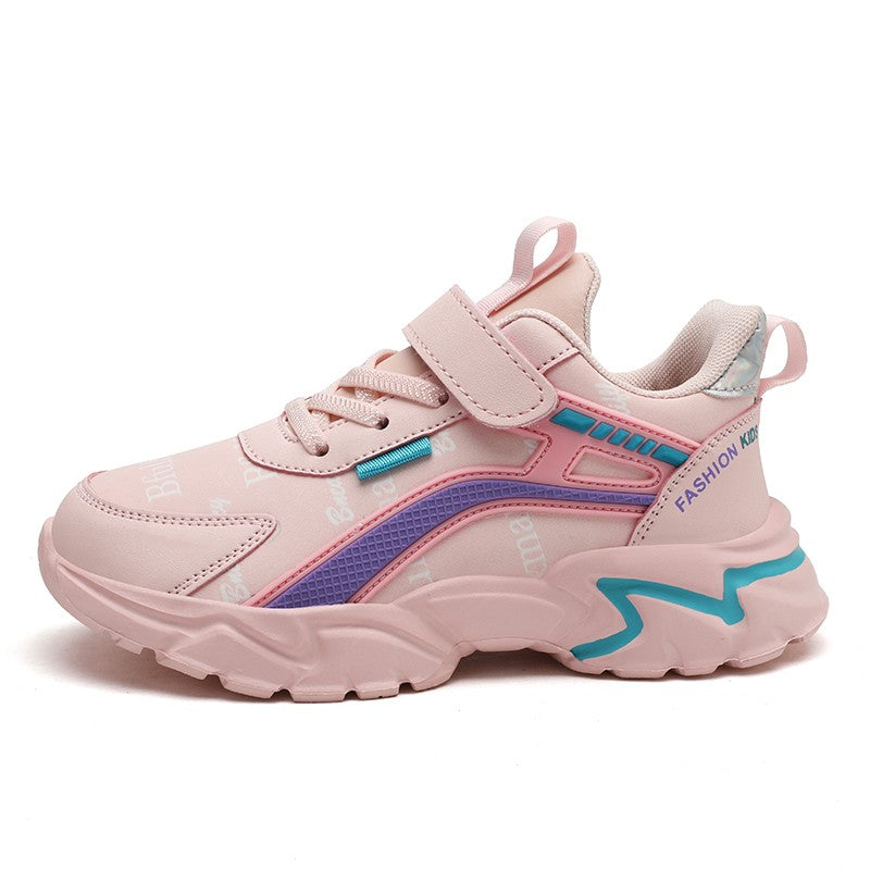 Children's Casual Pink Girls' Leather Shoes, Fashionable Lightweight Running Shoes for Teenagers Aged 7-15, Student Kids' Sports Shoes for Girls