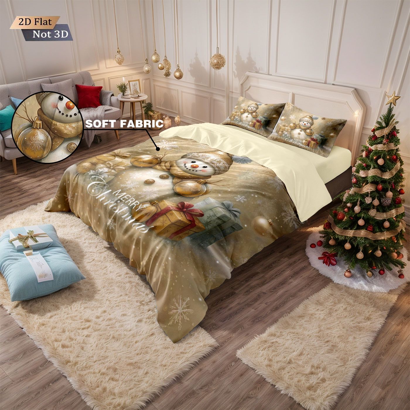 3pcs Golden Christmas Snowman Printed Chipless Bedding Set Soft Dormitory Bedroom Multiple Sizes Machine Washable