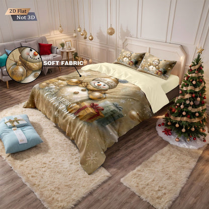 3pcs Golden Christmas Snowman Printed Chipless Bedding Set Soft Dormitory Bedroom Multiple Sizes Machine Washable