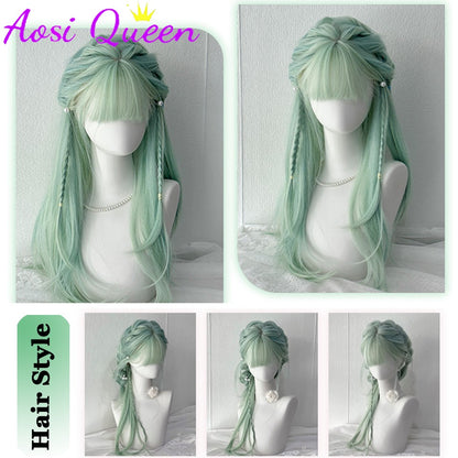 AOSI Synthetic Mint Green Wig Long Hair Summer Thin Bangs Long Straight Hhair Daily Party Cos Wig