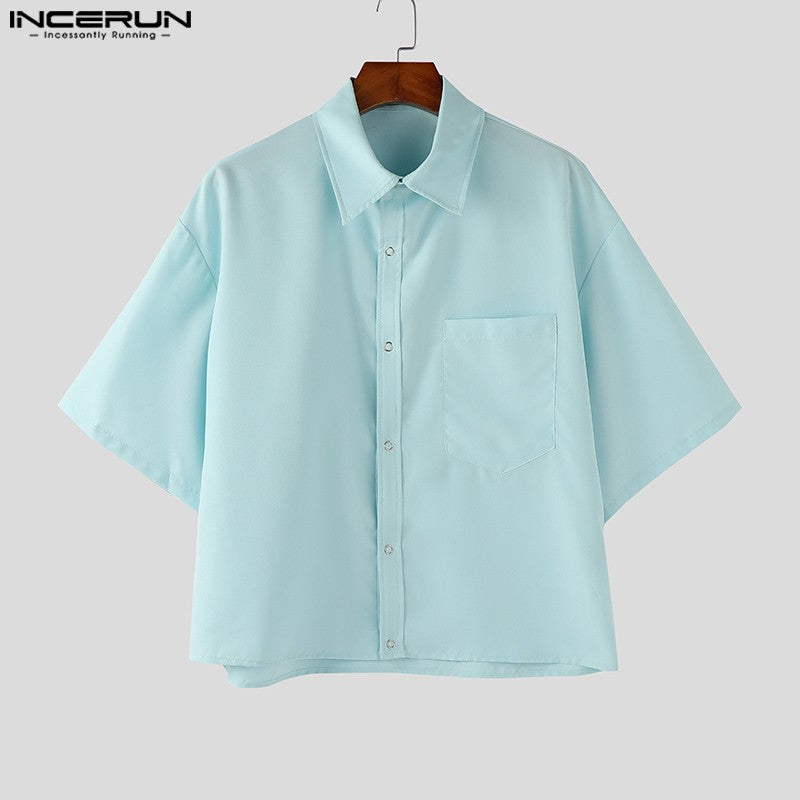 INCERUN Men's Shirts Solid Color Lapel Short Sleeve Pockets Button Male Crop Tops Streetwear Summer Loose Fashion Men Clothing