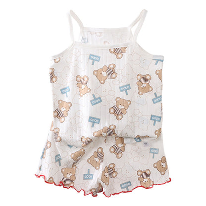 2 Pcs 2025 Summer Girl's Pajamas Sets Loungewear Set Strap Sleepwear Pants Skirt Baby Girl Clothes Sleeveless Children's Clothes