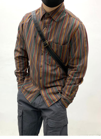 Amikaki Ethnic Style Men's Pure Cotton Colorful Stripes Shirt Loose Ancient Cargo Long Sleeved Shirt Jacket With Chest Pocket