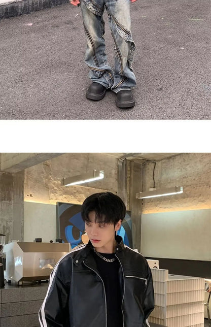 Retro Leather Jacket Men Women  American Patchwork Strip Racing Outerwear Loose Hip Hop Zippers Brown PU Coat Streetwear Spring