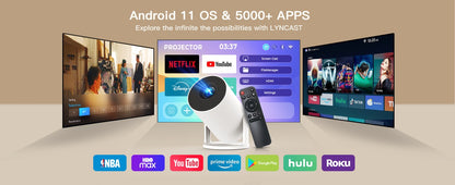 Projetor Inteligente com Wifi e Bluetooth Portátil Suporte 720P 4K, Correção Trapezoidal Automática, Controle Remoto AirMouse, Rotação 180 Graus