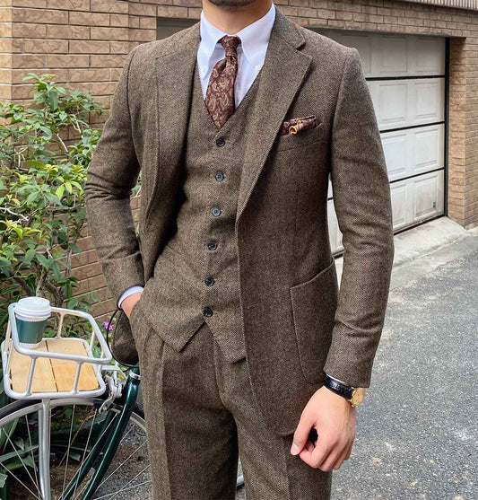 3 Pieces Men's Suits Tweed Herringbone Slim Fit Business Cauasl Waistcoat  Jacket Groomsmen Wedding Suits?Blazer+vest+Pants?