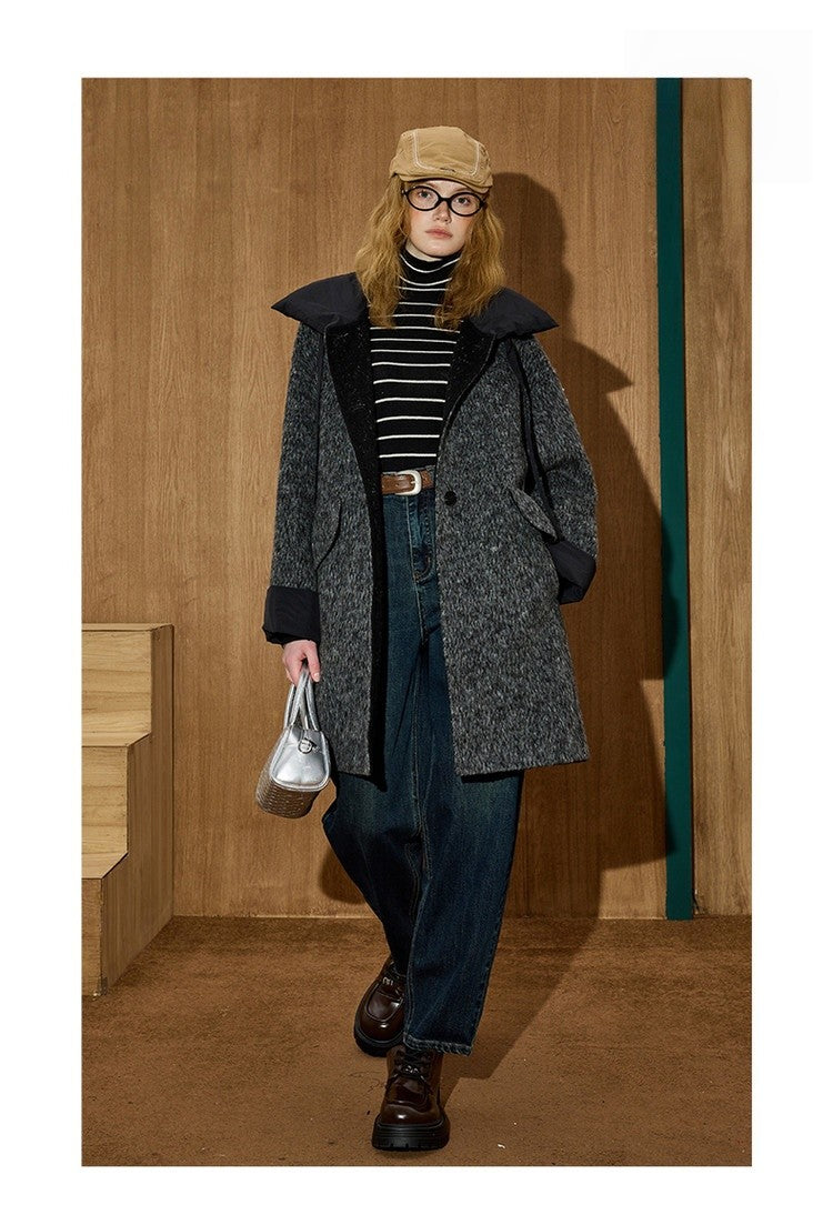 2025 Winter Women's Long Trench Coat Double Faced Wool Blend Parka Unique Patchwork Design Warm Down Filled Overcoat Outerwear