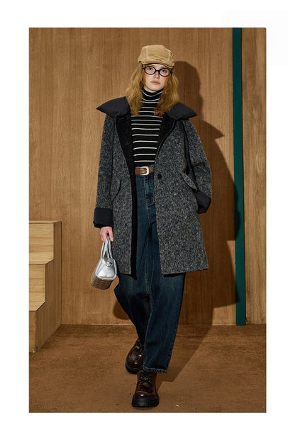 2025 Winter Women's Long Trench Coat Double Faced Wool Blend Parka Unique Patchwork Design Warm Down Filled Overcoat Outerwear