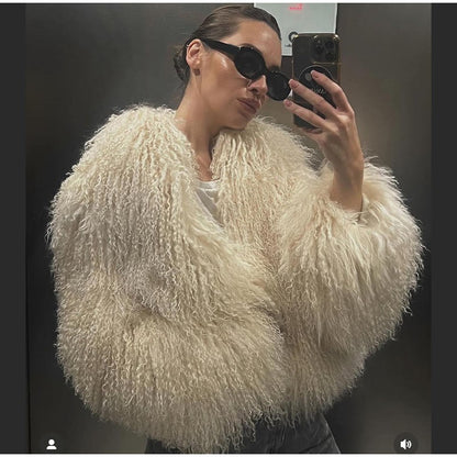 Solid Fashion Fake Fur Coat Women Chic Fluffy Warm Long Sleeve Loose Short Jacket Luxury 2025 Winter Lady Daily Street Outerwear