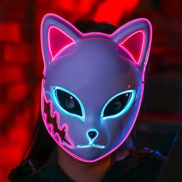 1PC Glowing Demon Slayer Led Face Mask Anime Cosplay Prop Cat Face Fox Halloween Cold Light Flashing Mask Party Costume