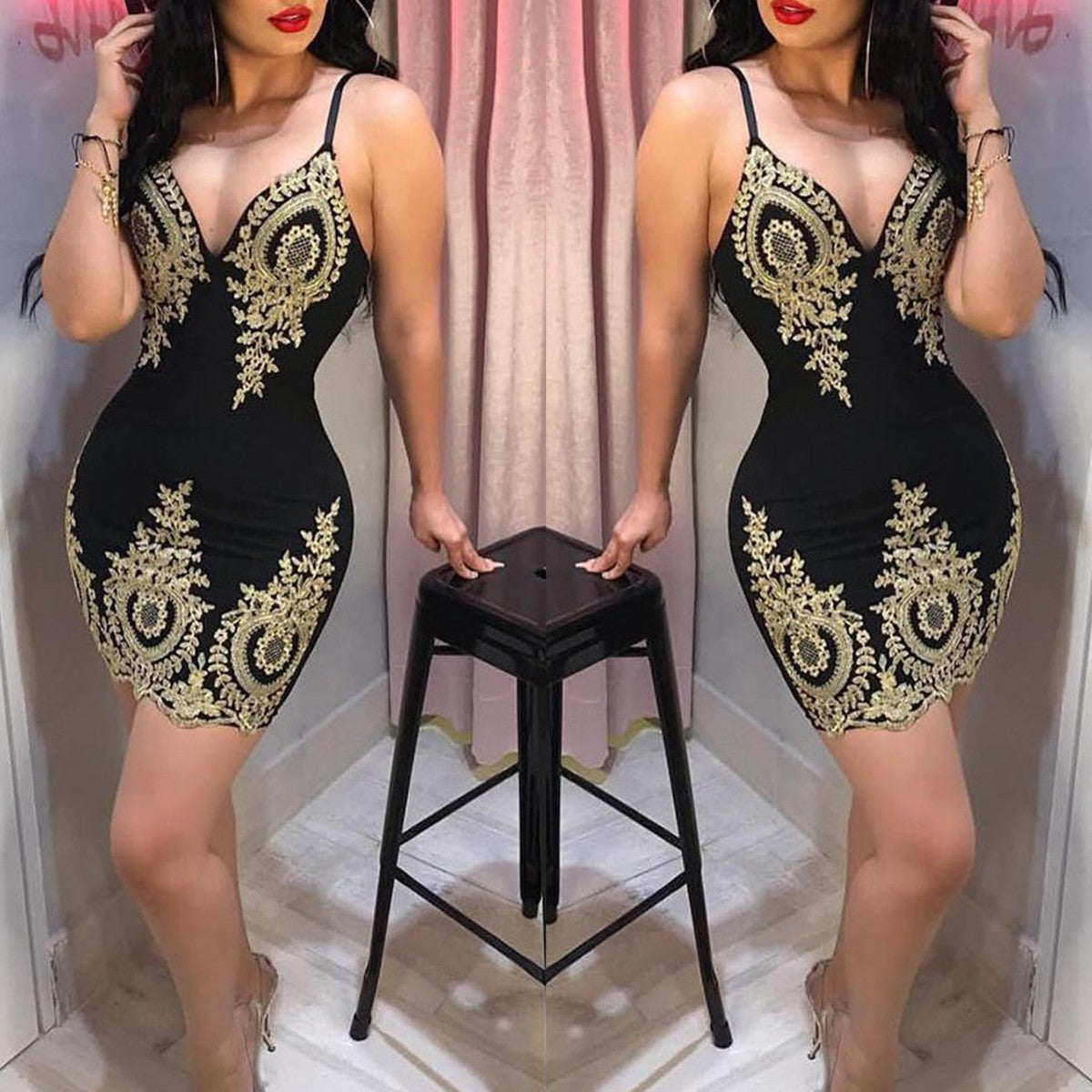 Sexy summer party halter dress Sleeveless slim-fit mini dress with low neck and