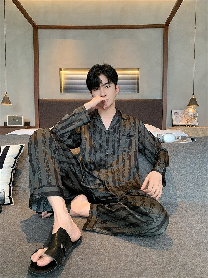 Large Size Ice Silk Men's Sleepwear 2025 New High-End V-Neck Thin Long Sleeved Two-Piece Set for Home Wear Youth Nightwear
