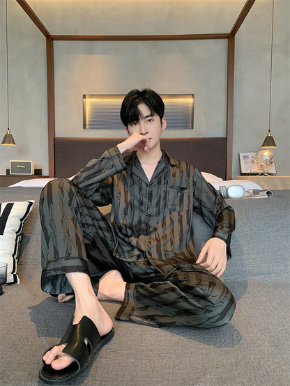Large Size Ice Silk Men's Sleepwear 2025 New High-End V-Neck Thin Long Sleeved Two-Piece Set for Home Wear Youth Nightwear