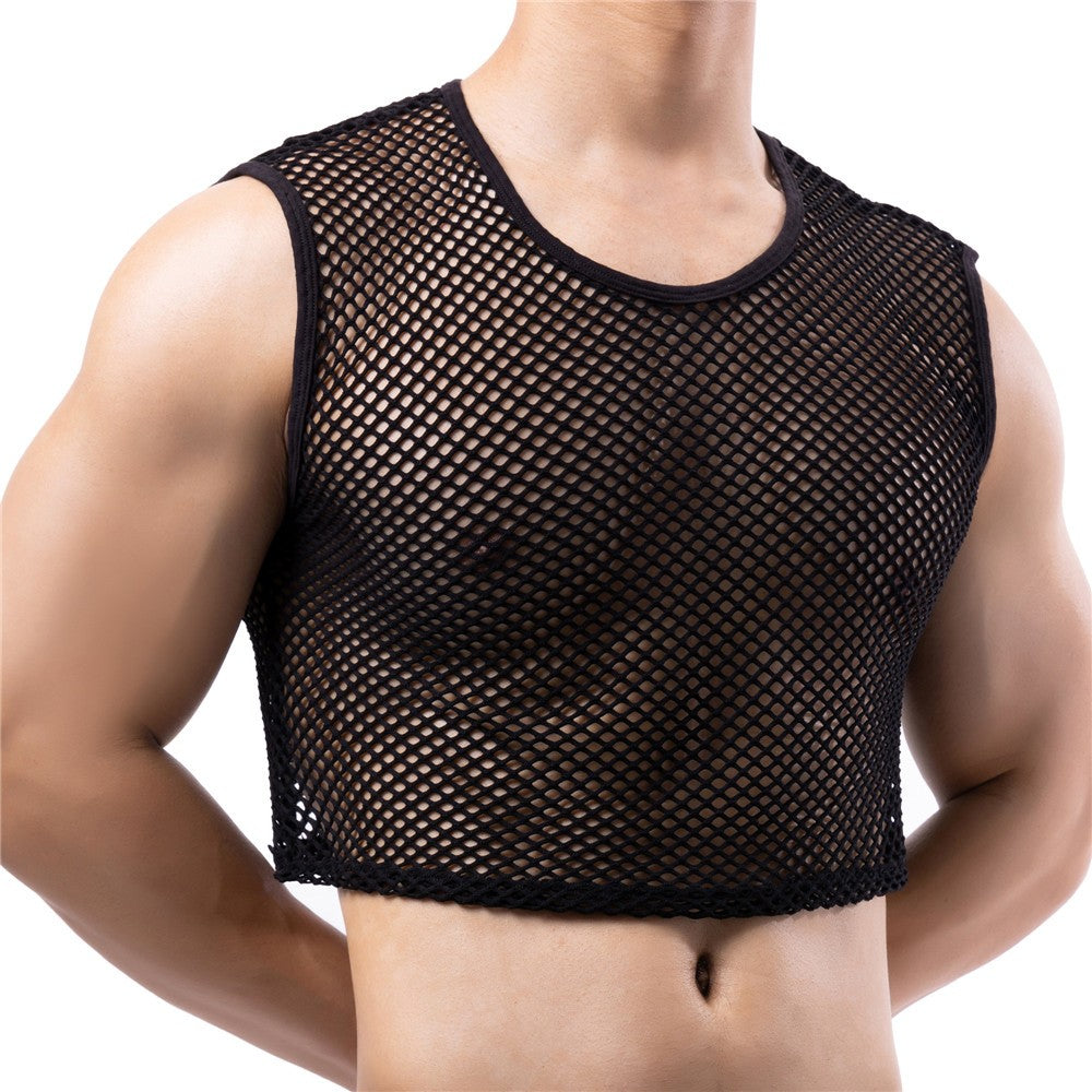 Mens Transparent Fishnet Crop Top Sexy Mesh Hollow Out Tank Tops Gym Fitness Sleeveless Undershirts T-shirts Nightclub Mini Vest
