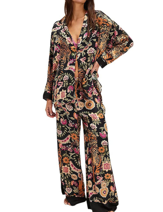 Women Satin Pajamas Set 2 Piece Western Cowgirl Silk Pjs Wide Leg Pants Button Down Loungewear
