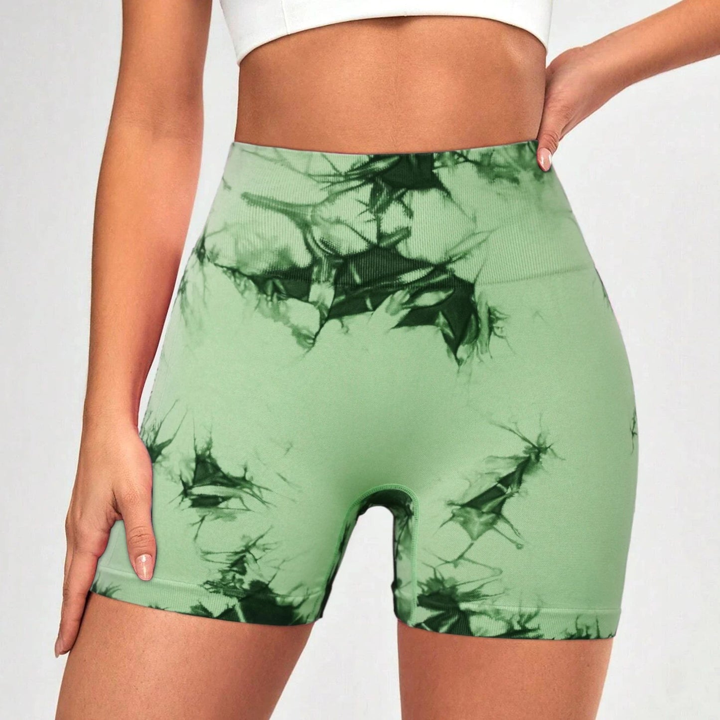 2pcs Tie Dye Mesh Yoga Pants Shorts High Waisted Hip Lifting Quick Drying Outdoor Sports Running Fitness Biker Trousers