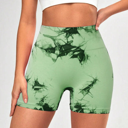 2pcs Tie Dye Mesh Yoga Pants Shorts High Waisted Hip Lifting Quick Drying Outdoor Sports Running Fitness Biker Trousers