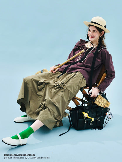 imakokoni 2025 Early Autumn Artistic Washed Braided Bow Half-Dress Casual Retro Women's A-Line Skirt255188