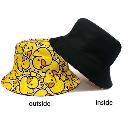 Fashionable Full-Print Duck Casual Bucket Hat, Cartoon Print Pattern Hat, Reversible Foldable Lightweight Design Flat-Top Hat, Unisex Casual Sun Hat, Suitable for Beach Vacations and Outdoor Leisure Activities