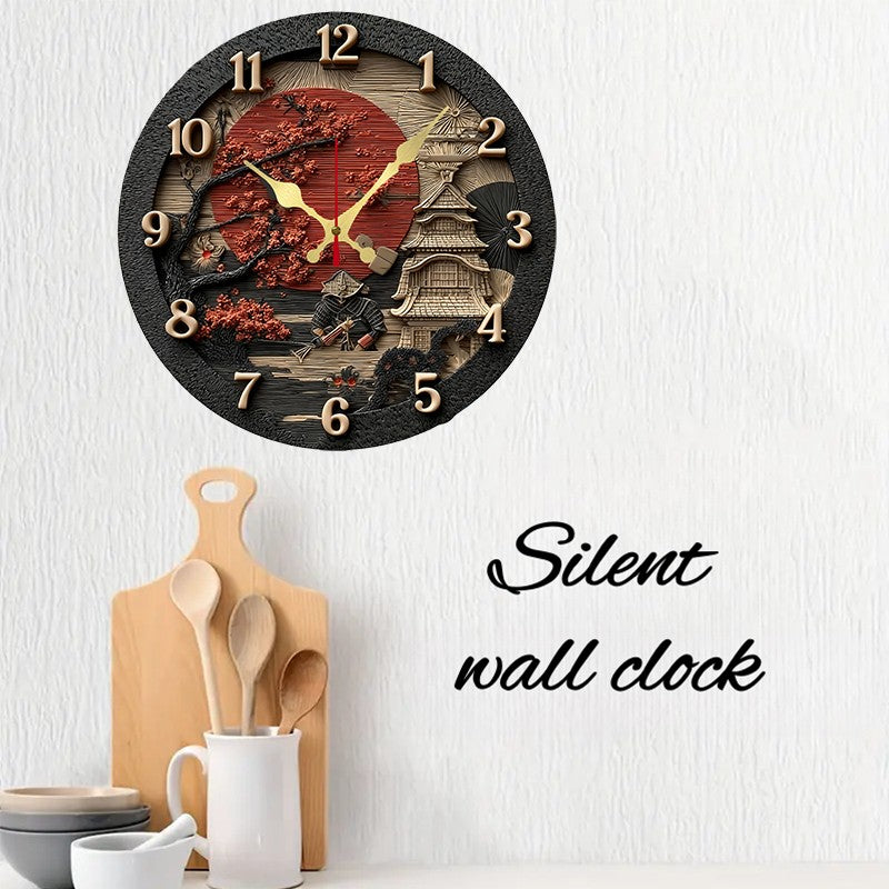 Samurai Themed Wooden Round Silent Hanging Wall Clock, Suitable For Living Room, Office, Study Room, Bedroom, Home Decoration