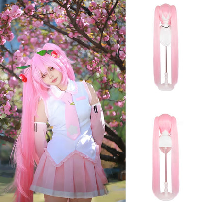 Peruca de Cabelo Sintético de Cosplay de Anime Miku de Alta Qualidade 116 cm de Comprimento com Rabo de Cavalo Duplo Destacável para Festa de Halloween e Carnaval Resistente ao Calor