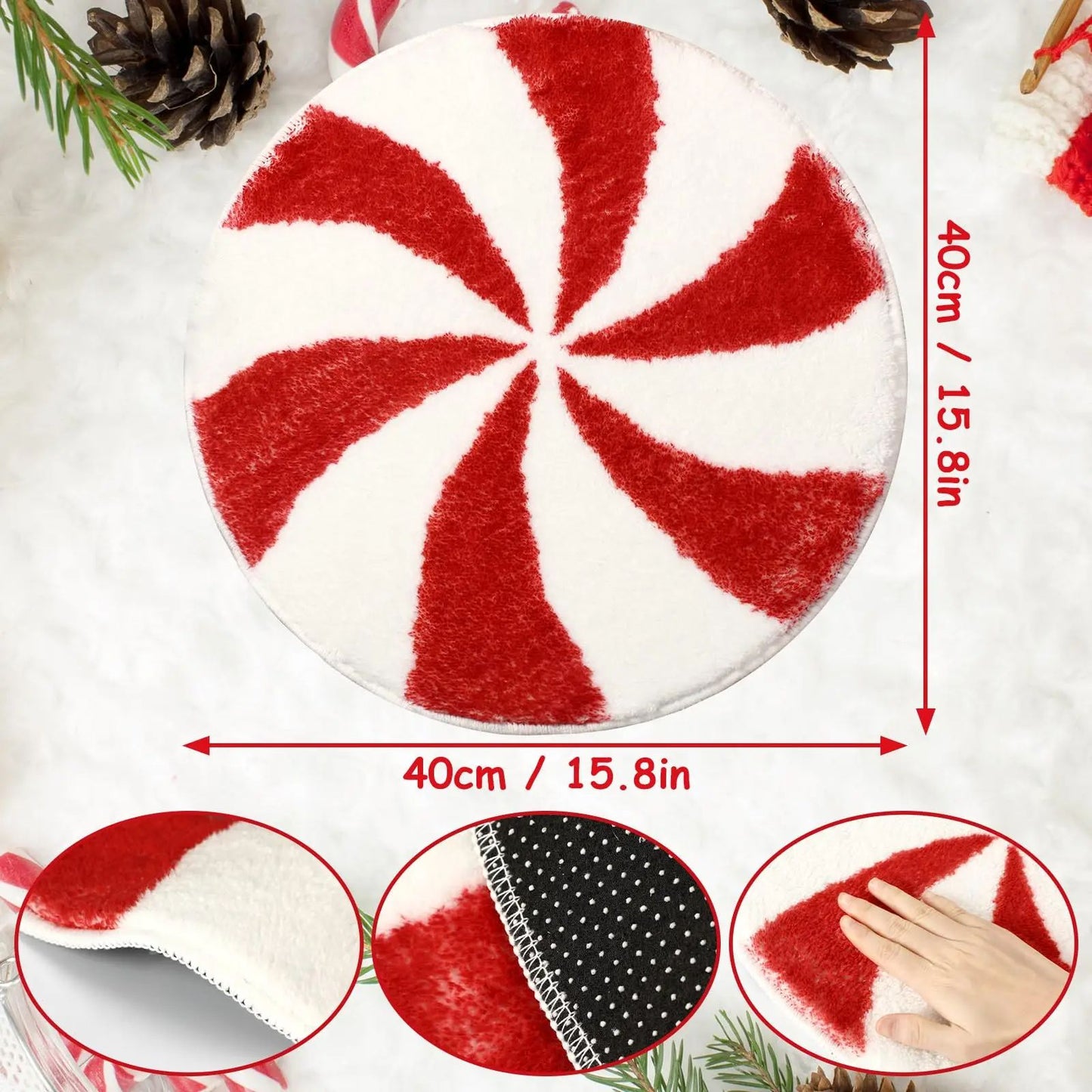 VIAMA Christmas Candy Round Floor Rug - Water-Resistant Anti-Slip Bathroom Mat - Soft Bedroom Carpet - Winter Home Decoration